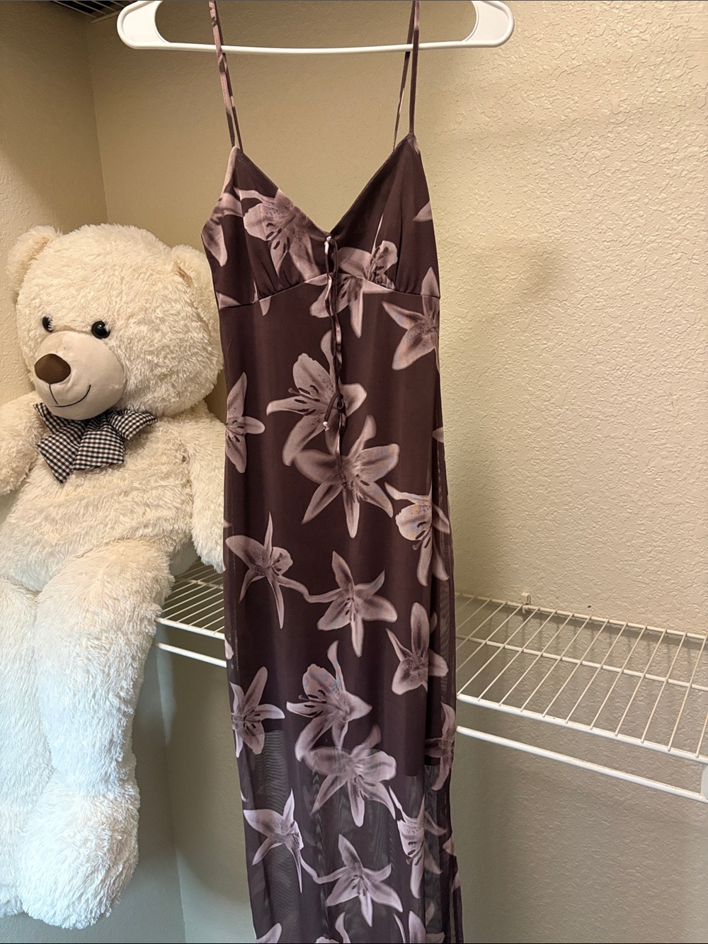 Floral Satin Slip Dress Chemise in Brown with Pink Blooms